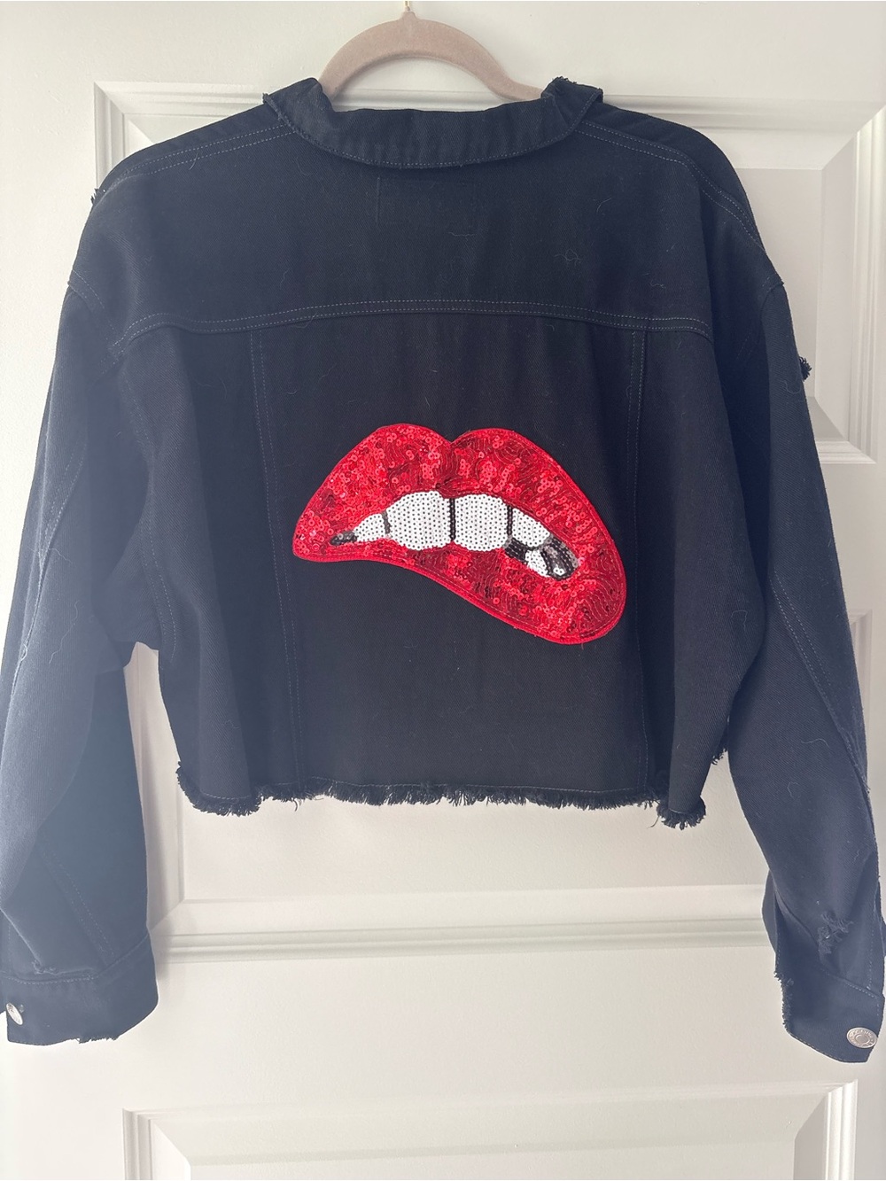 Black Cropped Jacket with Red Sequin Lip Patch